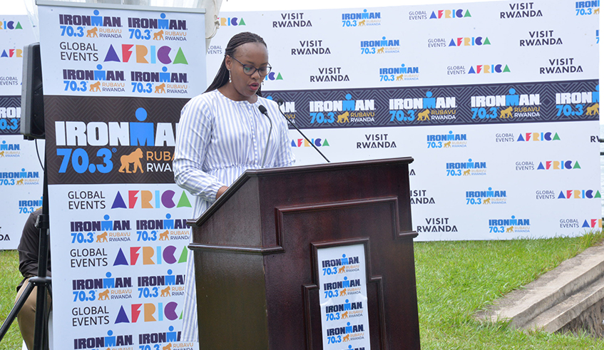 Aurore Mimosa Munyangaju, the Rwandan Minister of Sports, speaks at the launch of Ironman 70.3 Rwanda in Rubavu on Thursday. / Courtesy photos