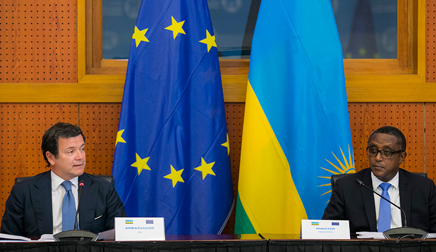 Ambassador of European Union to Rwanda, Nicola Bellamo and Vincent Biruta, the Minister of Foreign Affairs and International Cooperation during the meeting in Kigali on January25, 2022 . / Courtesy