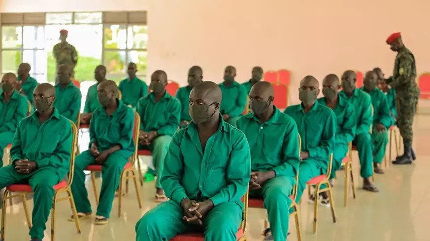 Terror suspects linked to the RUD-Urunana and P5 militia groups appear before the Military High Court in Nyarugunga on Tuesday, May 4. The 37 suspects are linked to terror attacks against citizens in Musanze District in 2019. 
