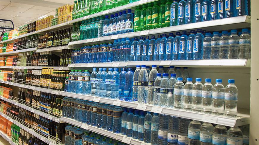 Single-use plastic bottles in a supermarket in Kigali. 