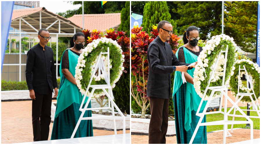 President Paul Kagame and First Lady Jeannette Kagame laying a wreath in honour of Rwandan heroes at the National Heroesu2019 Mausoleum in Remera on Tuesday February 1. The event was attended by senior government officials including Senate president Augustin Iyamuremye and the dean of the diplomatic corps accredited to Rwanda. / Photo: Village urugwiro.