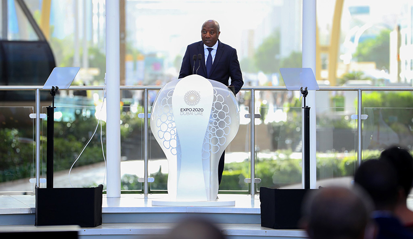 Prime Minister Dr. Edouard Ngirente delivers remarks as he  officiates the Rwanda National Day Celebration at Expo 2020 Dubai on February 1,2022. / Courtesy