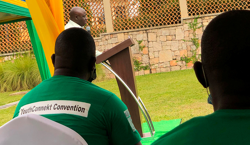 Governor, Emmanuel Gasana addresses 76 youth representing others from all districts across the country during the heroesu2019 day celebration on January 1 in Nyagatare district . / Photo by Aurore Teta