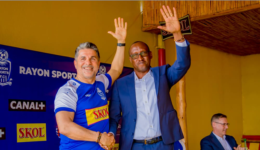 Jorge Manuel da Silva Paixu00e3o Santos (left), the newly appointed Rayon Sports head coach and club president Jean Fidu00e8le Uwayezu after the former signed a six month deal to coach the Blues. / Photo: Courtesy.