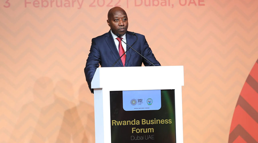Prime Minister Edouard Ngirente addresses Rwanda Business Forum on the sidelines of the ongoing Dubai Expo 2020 on February 2, 2022. 
