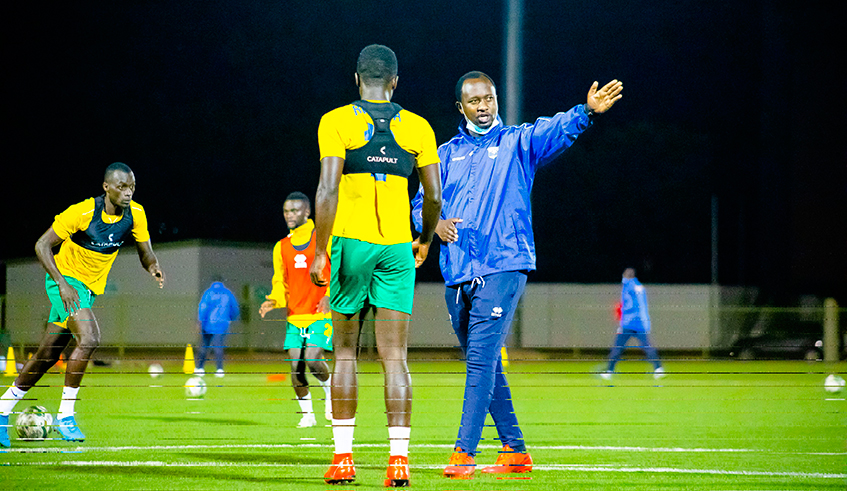 Vincent Mashami (right) the national football team head coach during a training session at Kigali stadium last year. His contract runs out this month. / Photo: Courtesy.