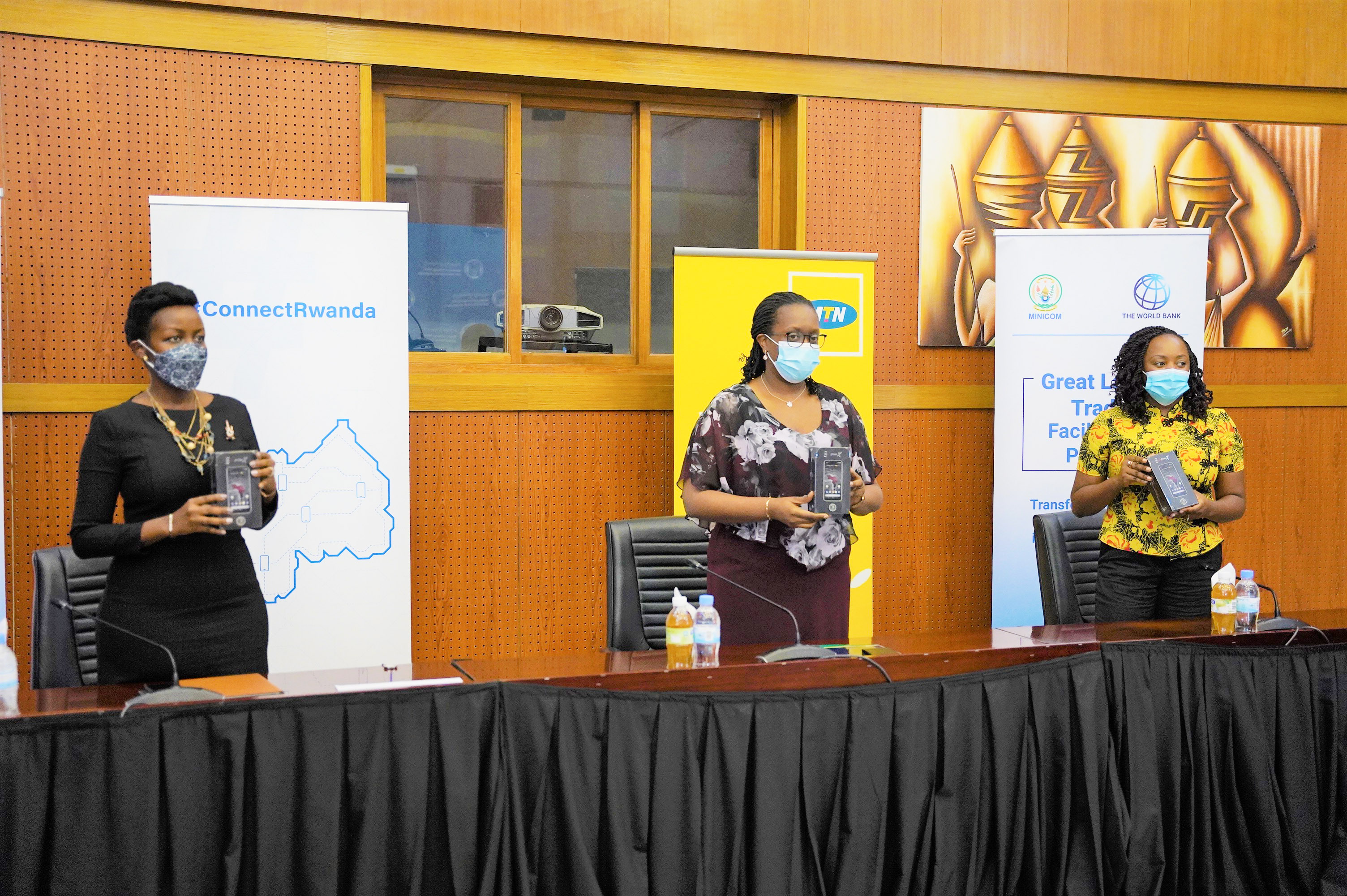 (L-R) Minister of ICT, Paula Ingabire, Beata Habyarimana, the Minister of Trade and Industry and MTN Rwanda CEO Mitwa Ng'ambi during the handover on February 10. 