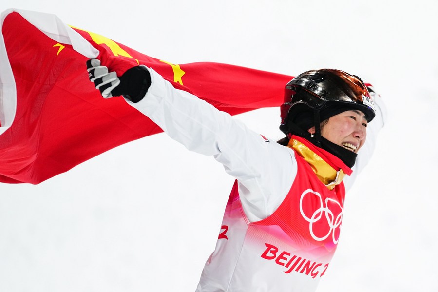 Xu Mengtao of China celebrates after winning the gold medal in the freestyle skiing women's aerials final of the Beijing 2022 Winter Olympics at Genting Snow Park in Zhangjiakou, north China's Hebei Province on Feb. 14, 2022. 