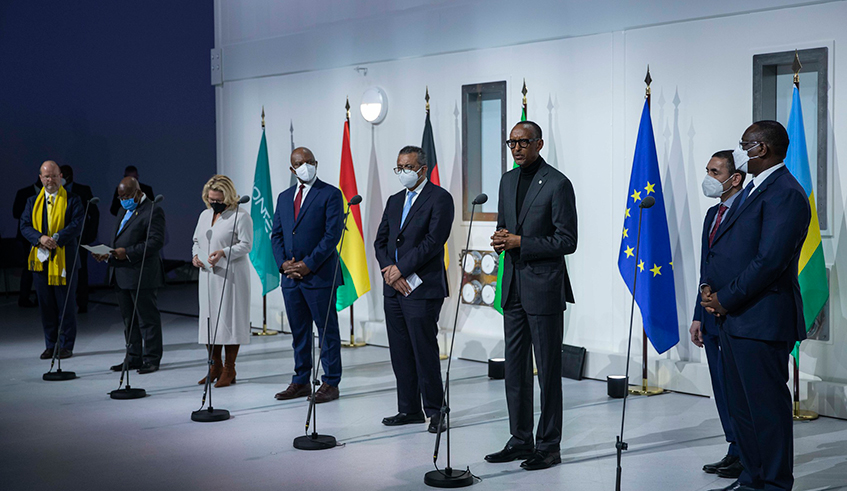 President Kagame speaking in Marburg, Germany at a meeting that discussed the planned manufacturing of vaccines in different African countries including Rwanda, in partnership with German firm BioNTech. / Photo by Village Urugwiro