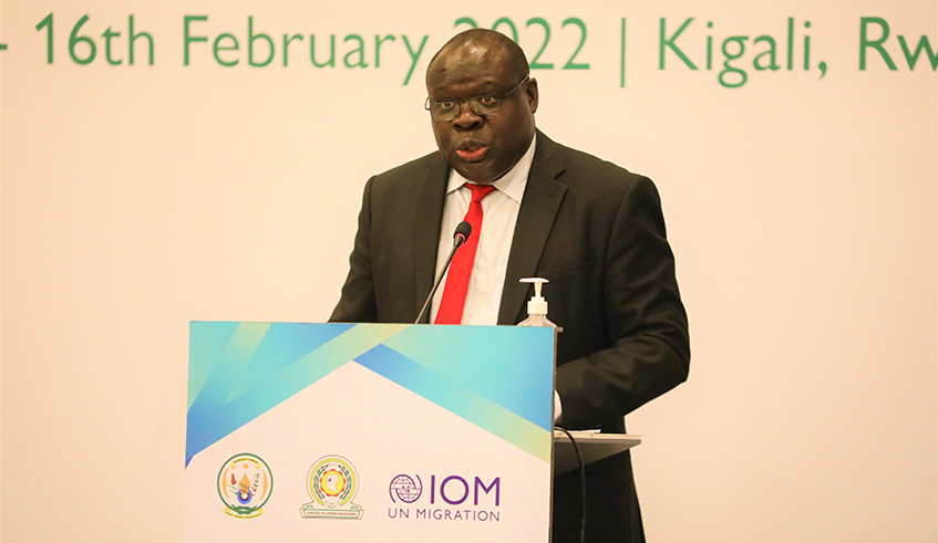 Christophe Bazivamo, the Deputy Secretary General of East African Community delivers remarks during the meeting in Kigali on February 16.  / All photo by Craish Bahizi