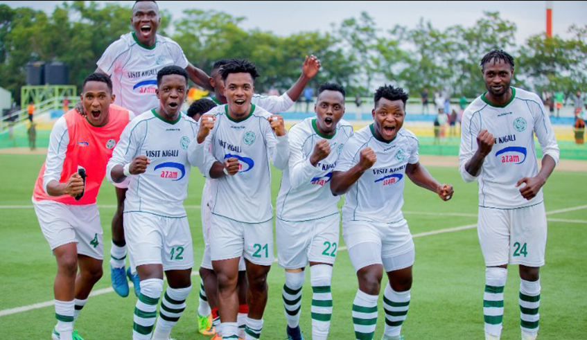 Kiyovu Sports players celebrate after getting a hard fought 2-1 win over Gorilla FC on February 12. The Mumena based side is second on the league table. / Photo: Courtesy.