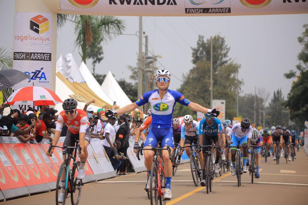Sandy Dujardin celebrates his victory as he crosses the finish line of stage one, from Kigali to Rwamagana on February 21. Courtesy