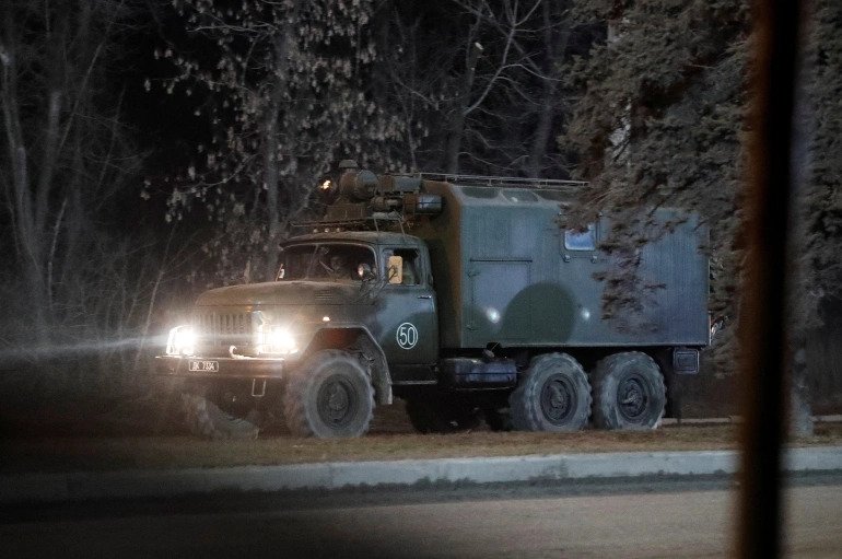 A military vehicle on a street on the outskirts city of Donetsk. 