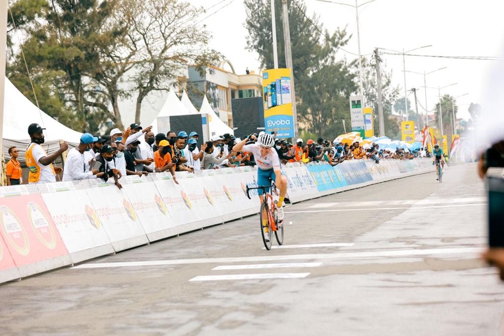 French rider Alexandre Geniez of Total Energies celebrates after winning stage five of the Tour du Rwanda on Thursday. 