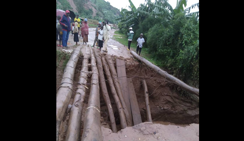 One of  three bridges connecting different sectors  that were totally destroyed by heavy rain that also caused landslides  in Kamonyi District   on February 24. / Courtesy 