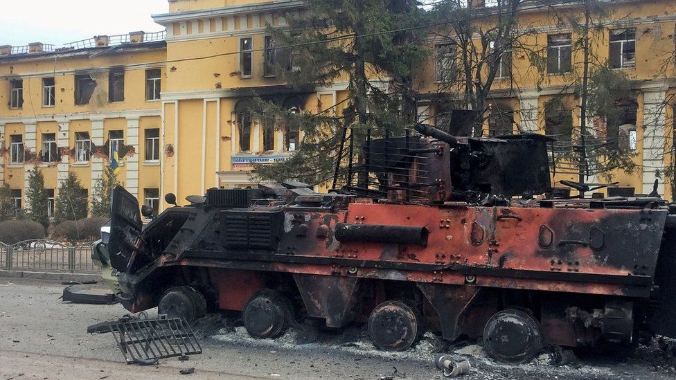A destroyed Ukrainian vehicle after shelling in Kharkiv. 