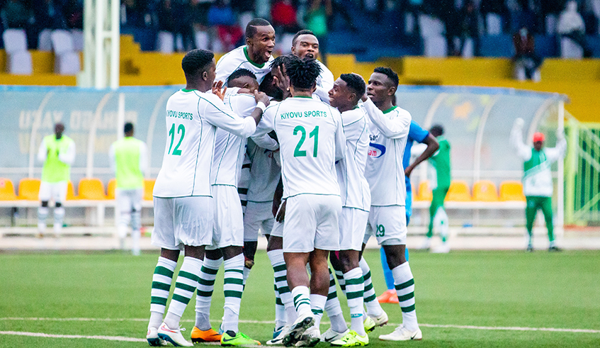 SC Kiyovu players celebrate a goal during a league match against Police FC recently. The Mumena-based side is tied at the top of the league table with APR. Photo: Olivier Mugwiza.