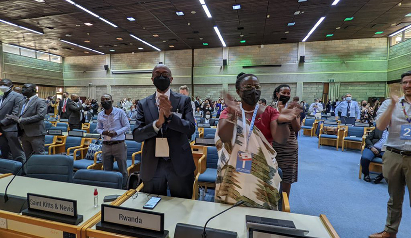 The Minister for Environment, Jeanne du2019Arc Mujawamariya applauds as leaders adopt Rwanda's resolution during the 5th session of the United National Environment Assembly , Kenya on March 2.Courtesy