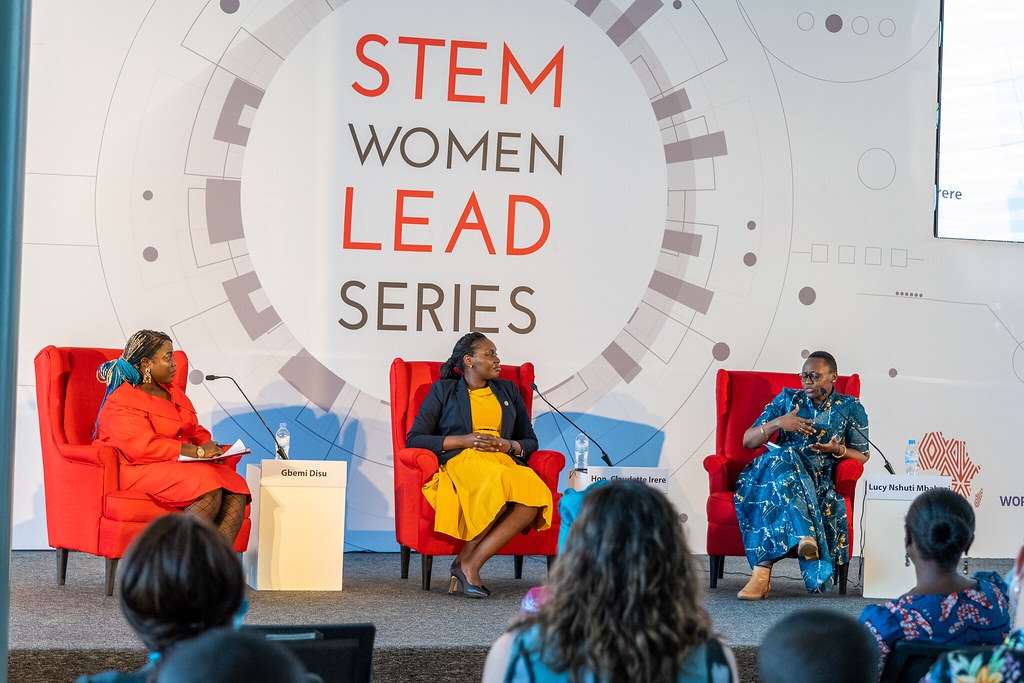(L-R)  Gbemi Disu of Carnegie Mellon ,Minister  Claudette Irere and Lucy Mbabazi during a panel discussion during the official launch of STEM (science, technology, engineering and mathematics) Women Lead Series in Kigali on March3.Courtesy