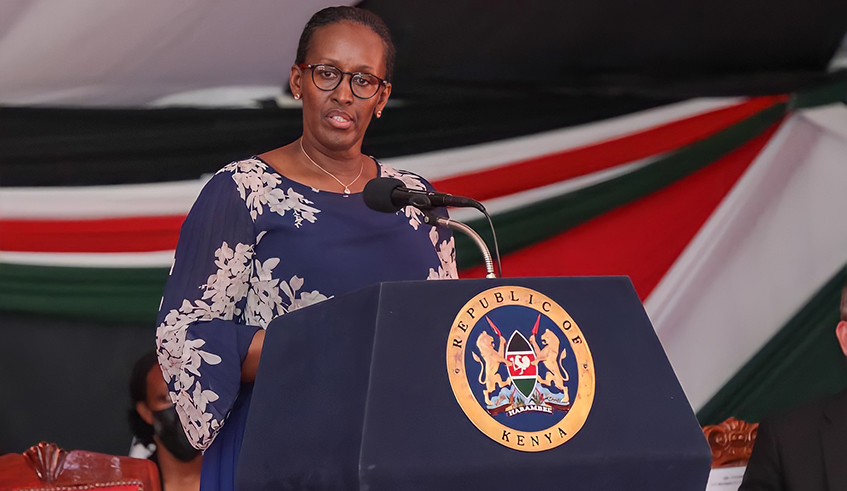 First Lady Jeannette Kagame delivers remarks while attending the International Womenu2019s Day celebration in Kenya on March 8,2022. Courtesy