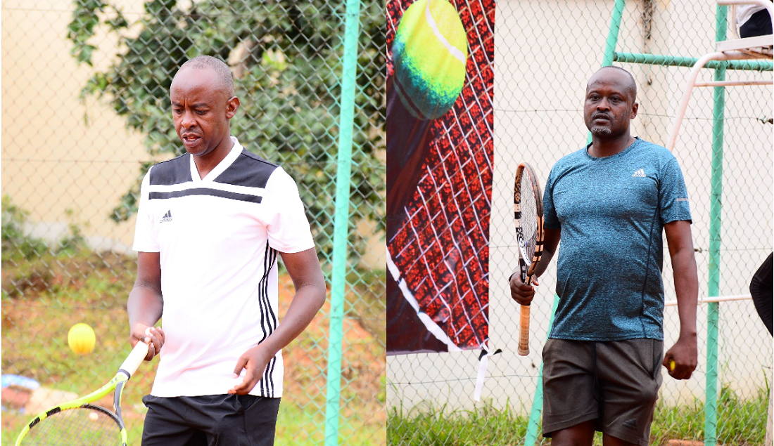 Serge Kayitare (L) and Christian Kaningu go head to head in the title match in men's singles at Kivu Serena Hotel Tennis courts on Sunday. 