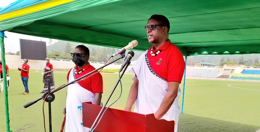 The Minister of National Unity and Civil Engagement, Jean-Damascu00e8ne Bizimana addresses youth at Umuganda stadium on Monday. Courtesy