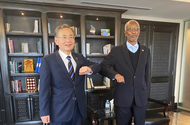 Amb. Rao Hongwei, the outgoing Chinese envoy to Rwanda and Franu00e7ois Ngarambe, the Secretary General of RPF at Rusororo in Kigali on Wednesday, March 16, 2022. 