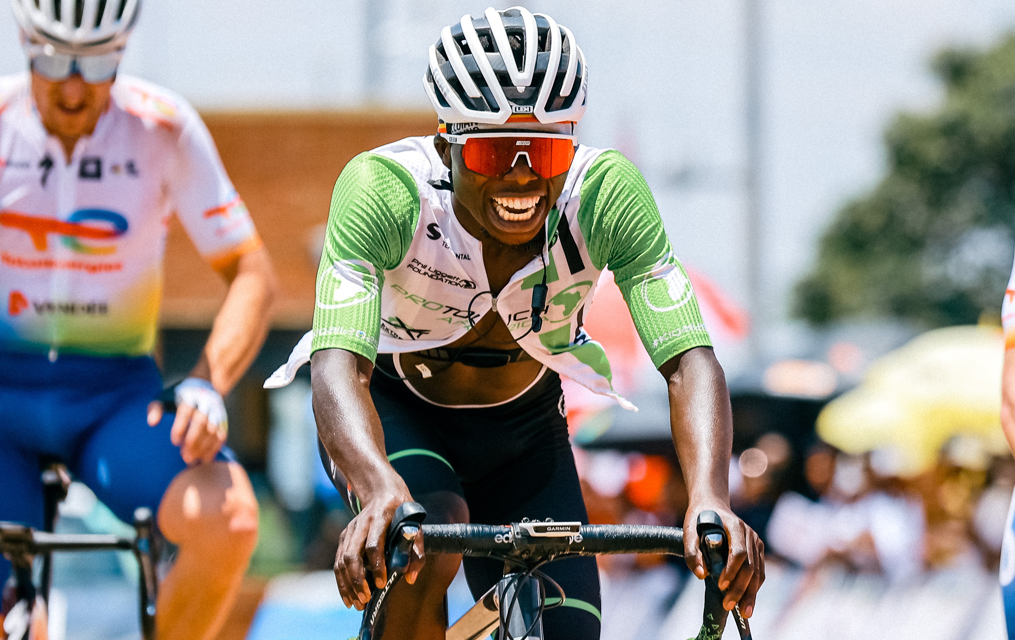 Moise Mugisha crosses the finish line of Tour du Rwanda 2022 at Rebero in February. 