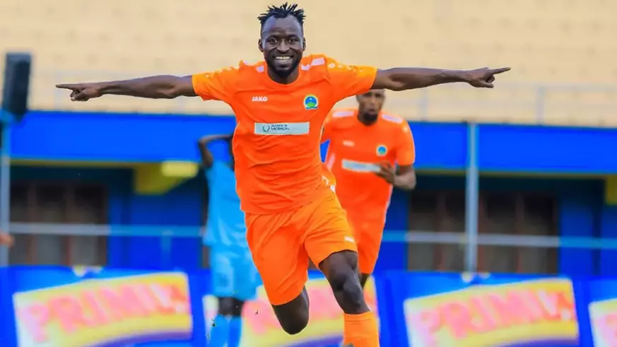 AS Kigaliu2019s Burundian international striker Shabani Hussein Shabalala who is the top scorer at the moment celebrates a goal in a past match. 