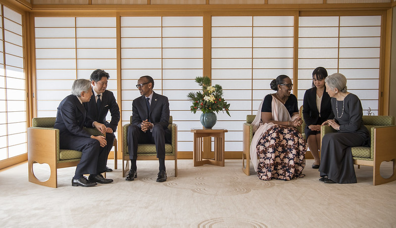 President Kagame and First Lady Jeannette Kagame pay a courtesy call to Their Imperial Majesties Emperor Akihito and Empress Michiko of Japan in 2019. 