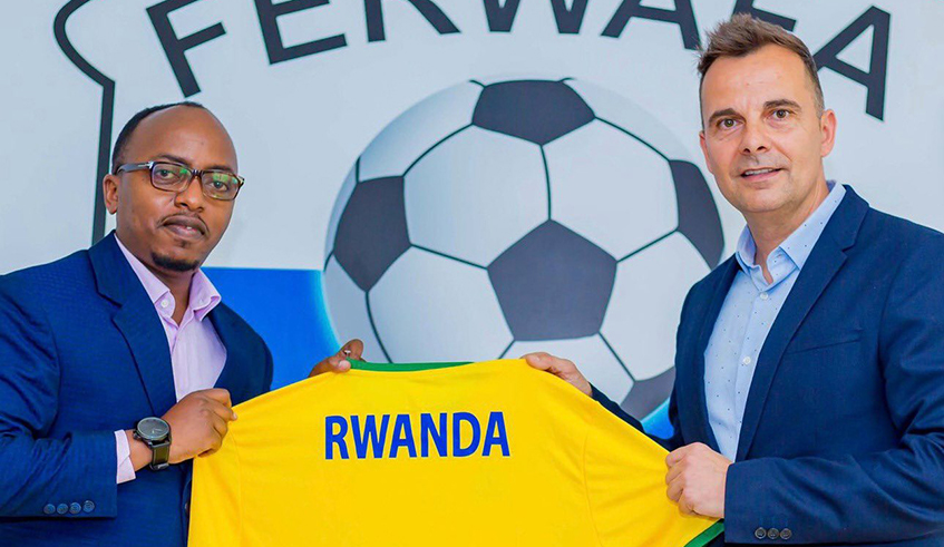 Carlos Alos Ferrer (R) was unveiled as head coach of the national football team (Amavubi) on Tuesday, March 29, in Kigali. / Net photo.