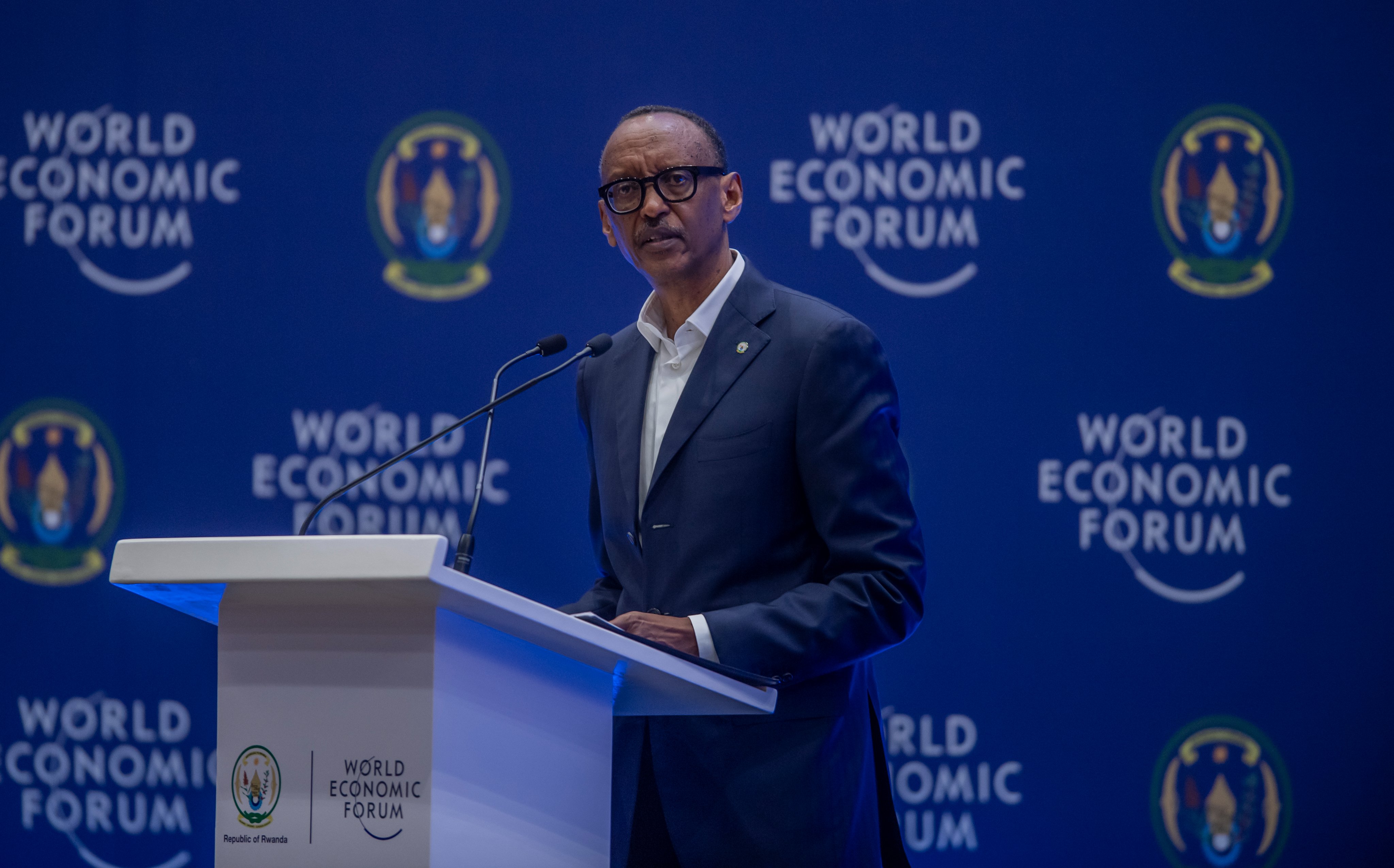 President Kagame delivers his remarks during the launch of the Centre for the Fourth Industrial Revolution at Kigali Convention Centre on March 31. 