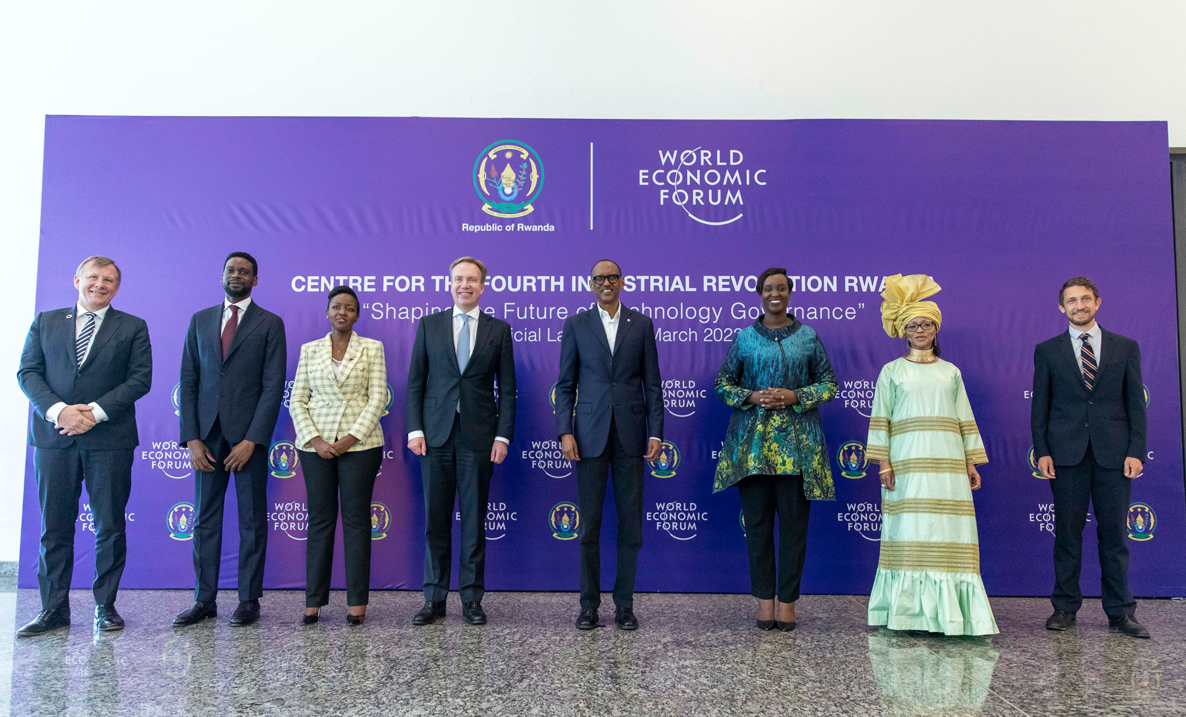 President Kagame and other officials pose for a picture at Kigali Convention Centre where the Centre for the Fourth Industrial Revolution was launched.