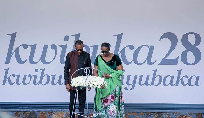 President Paul Kagame and First Lady Jeannette Kagame lay a wreath  at the Kigali Genocide Memorial as the country started the  28th commemoration of the Genocide against the Tutsi on April 7,2022. / Photo by Village Urugwiro