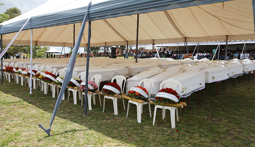Thousands of bodies of genocide victims exhumed from different mass graves are given a decent burial at Nyanza Kicukiro Genocide Memorial on May 4, 2019. /Photo: Sam Ngendahimana.