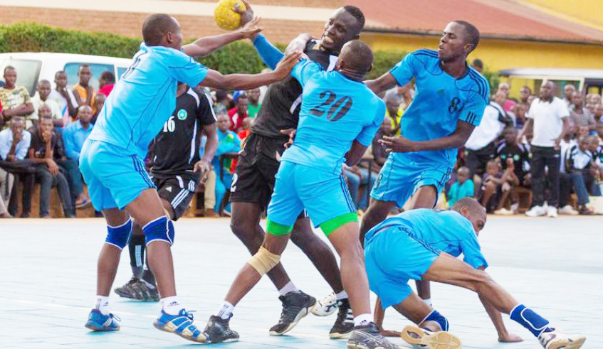 APR Handball team players in action against Police FC at Kimisagara play group. / File