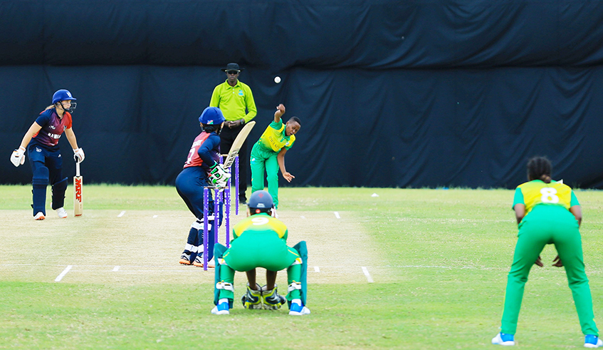 National Cricket women's team during a past game against Namibia at Gahanga Cricket stadium,Zimbabwe is expected to participate in Kwibuka Women T20. / Photo by Dan Nsengiyumva