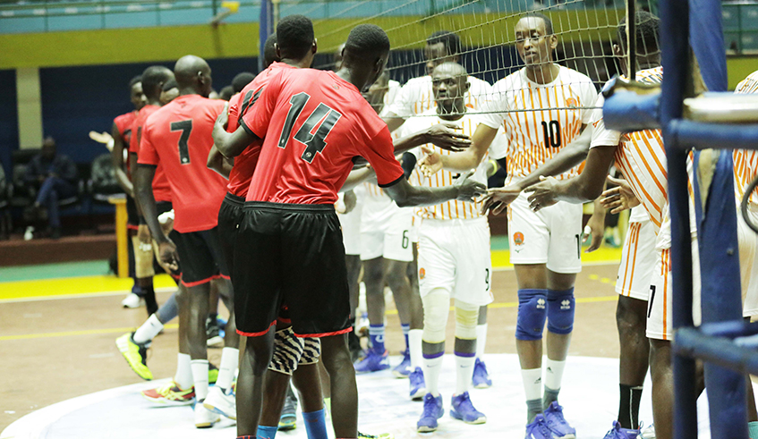 REG Volleyball players and Gisagara players before a past game at Petit Stade Remera. / Photo by Craish Bahizi