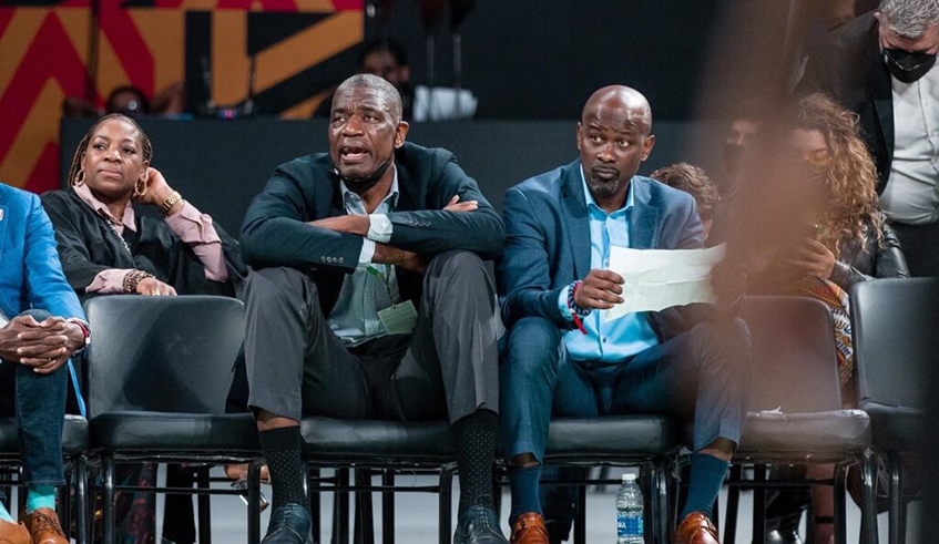 Robert Pack Jr (right) with former NBA player Dikembe Mutombo during the Nile Conference group stage games where he is scouting REGu2019s opponents for the playoffs slated for next month in Kigali. / Courtesy 