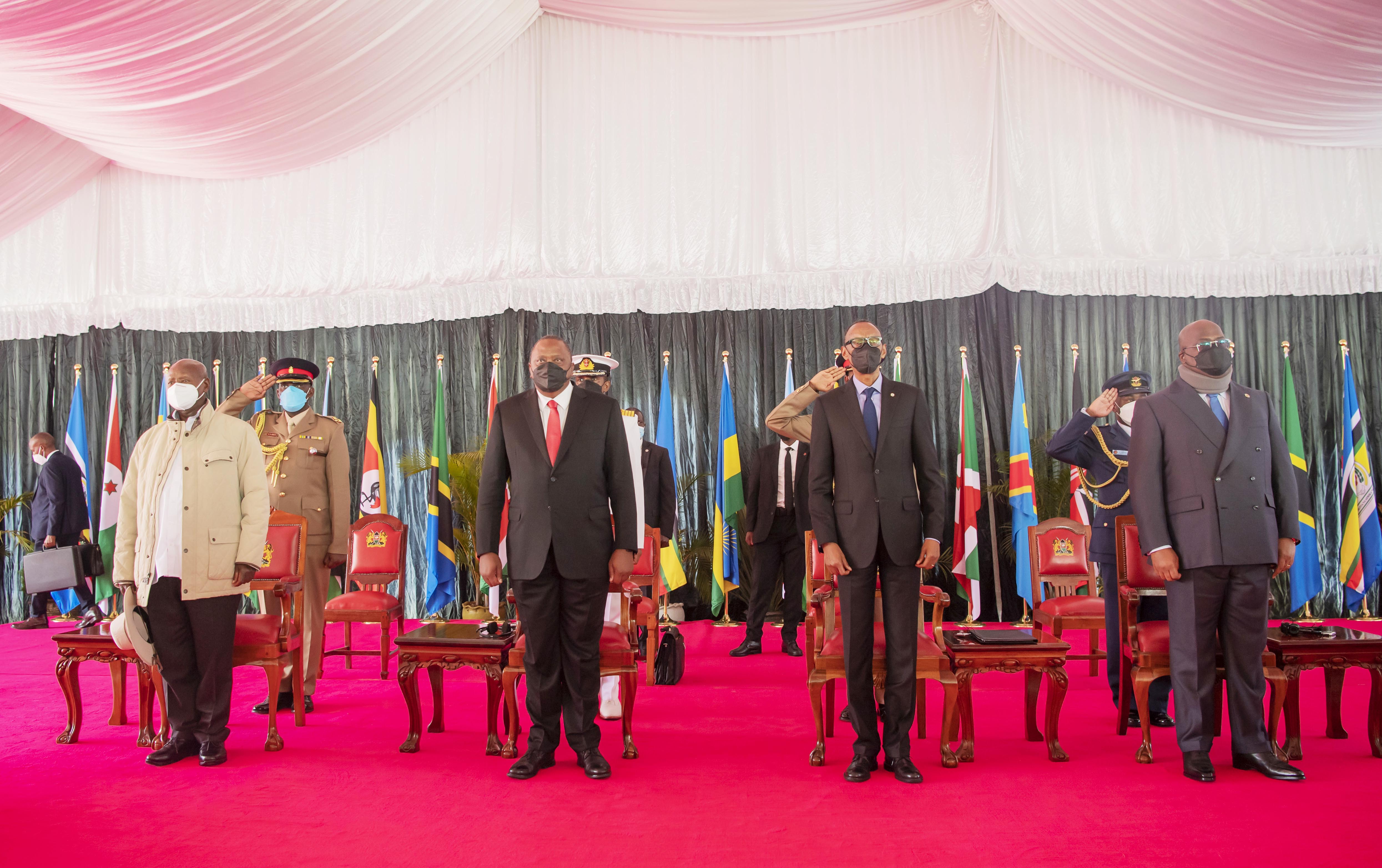 (L-R) Presidents Yoweri Museveni (Uganda), Uhuru Kenyatta (Kenya), Paul Kagame and  Fu00e9lix Tshisekedi (DR Congo)  during the Signing Ceremony of the Treaty of Accession by DR Congo to the East African Community in Nairobi on April 8, 2022. / Photo  by Village Urugwiro