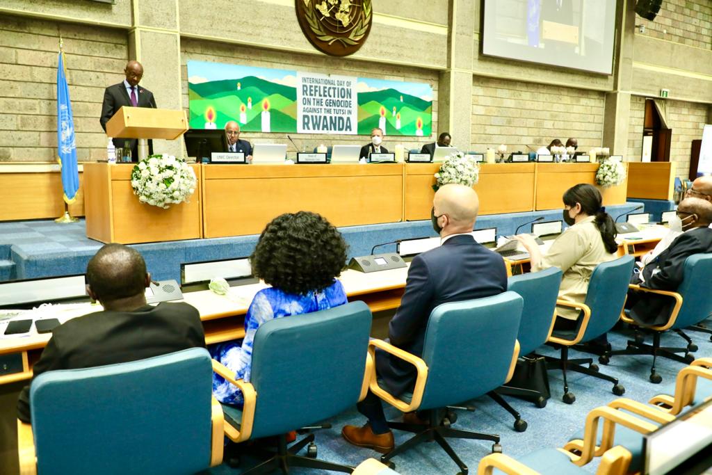 Richard Masozera, Rwanda's High Commissioner to Kenya speaks as the Rwandan Community in Kenya commemorated the 1994 Genocide against the Tutsi on Thursday. 