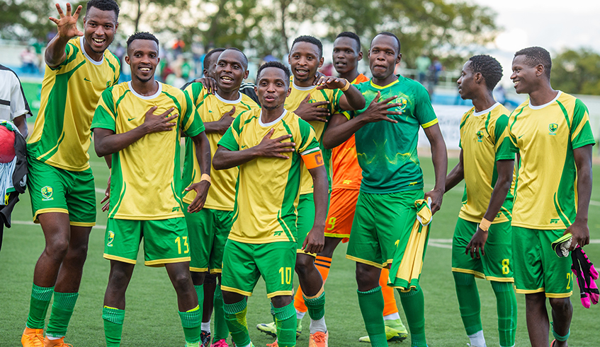 Marines FC players in a warm celebration after eliminating SC Kiyovu in Peace Cup at Kigali Stadium on April 19. Photo: Olivier Mugwiza.