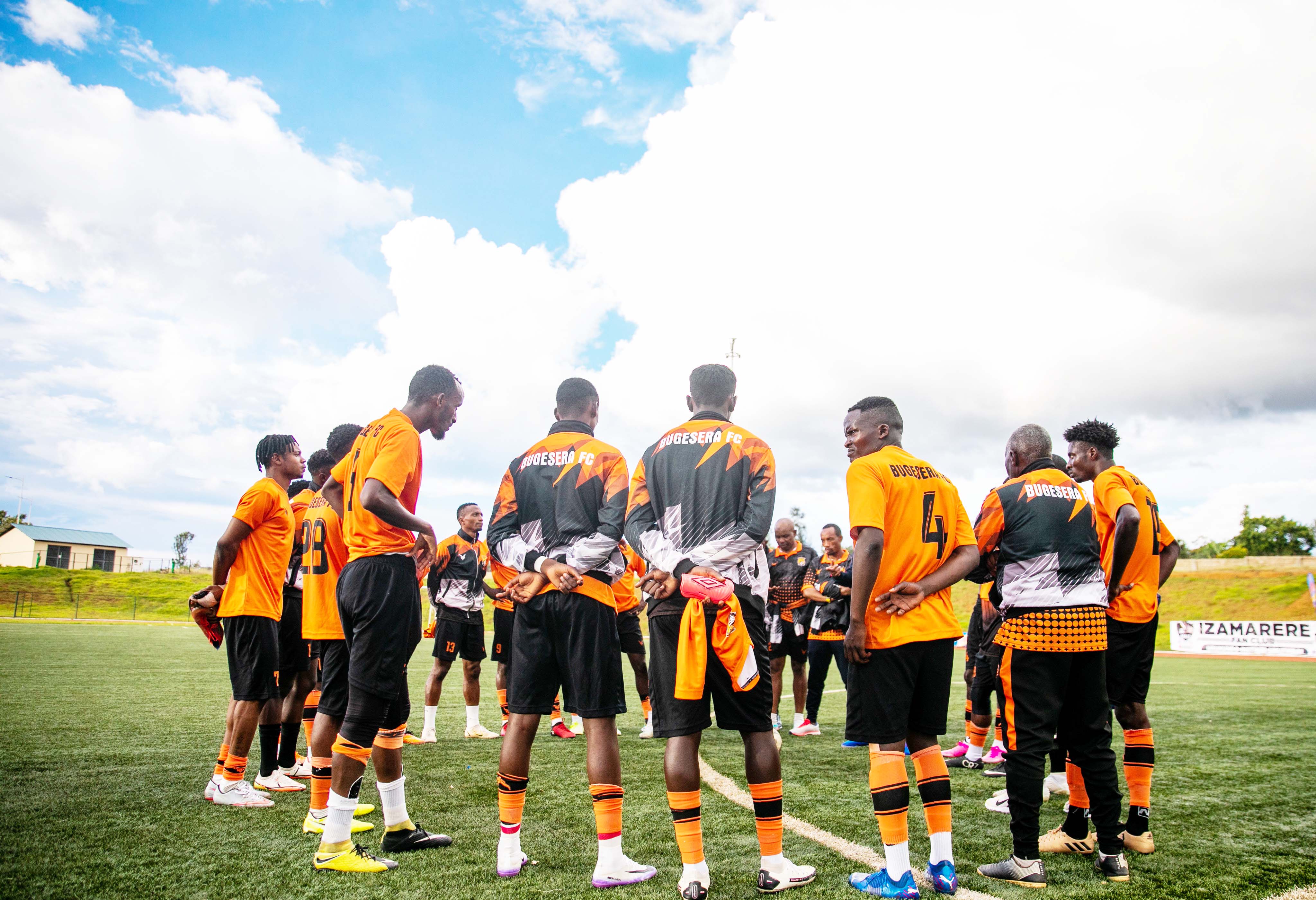 Bugesera FC players get some briefings from the coach before the match against APR at Bugesera Stadium. Photo by Olivier Mugwiza 