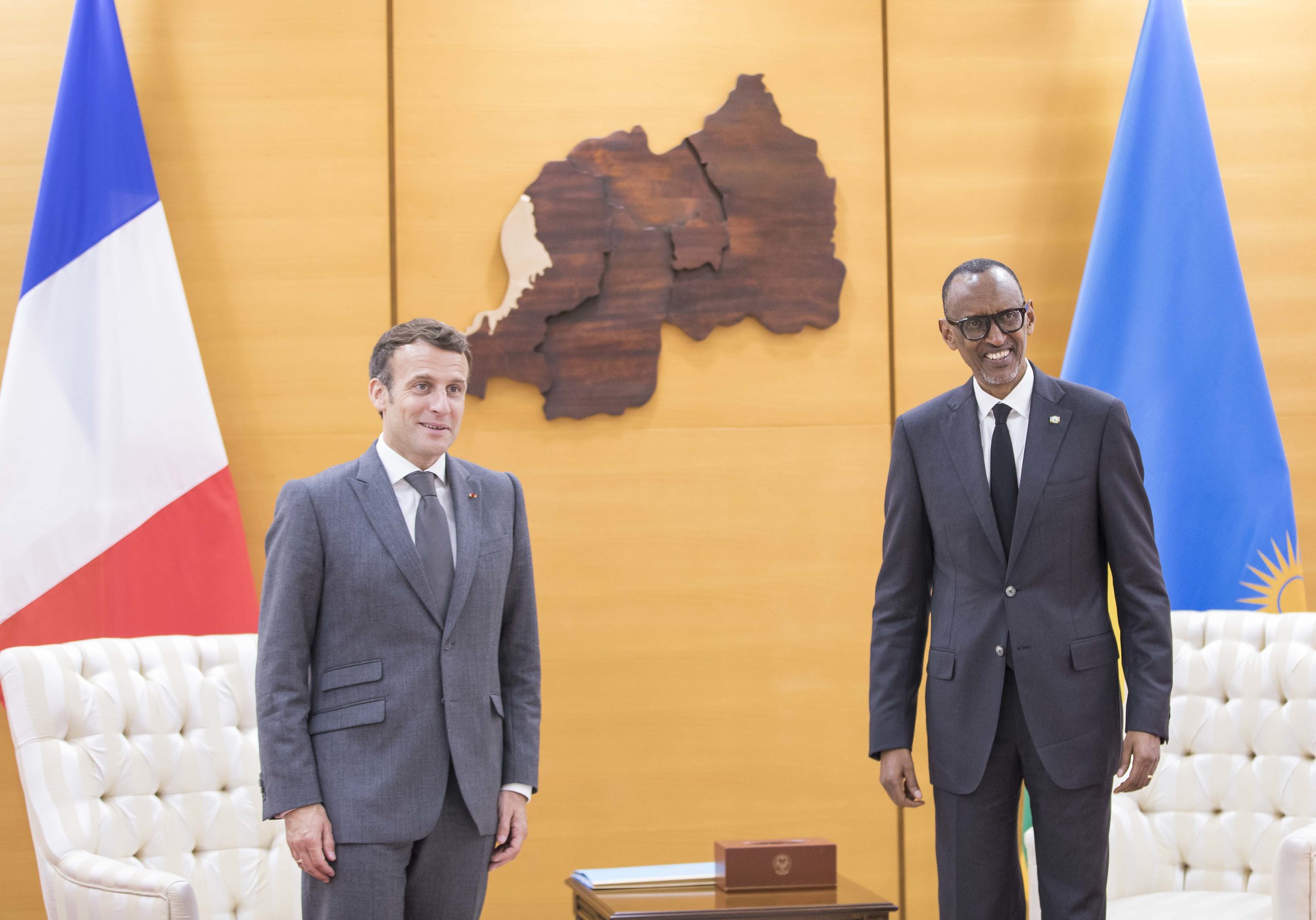 Presidents Kagame and Macron at Village Urugwiro in Kigali during the French president's visit to Rwanda in May 2021. The two leaders enjoy close ties. 