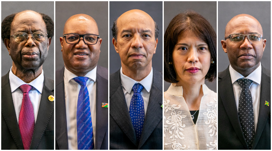 (L-R) Ambassador Sommel Yabao Mbaidickoye of the Republic of Chad, Amb. Lebbius Tangeni Tobias of the Republic of Namibia, Amb. Silvio Josu00e9 Albuquerque e Silva of the Federative Republic of Brazil,   Marie Charlotte G. Tang of the Republic of the Philippines and High Commissioner Esmond St. Clair Reid of Jamaica. 