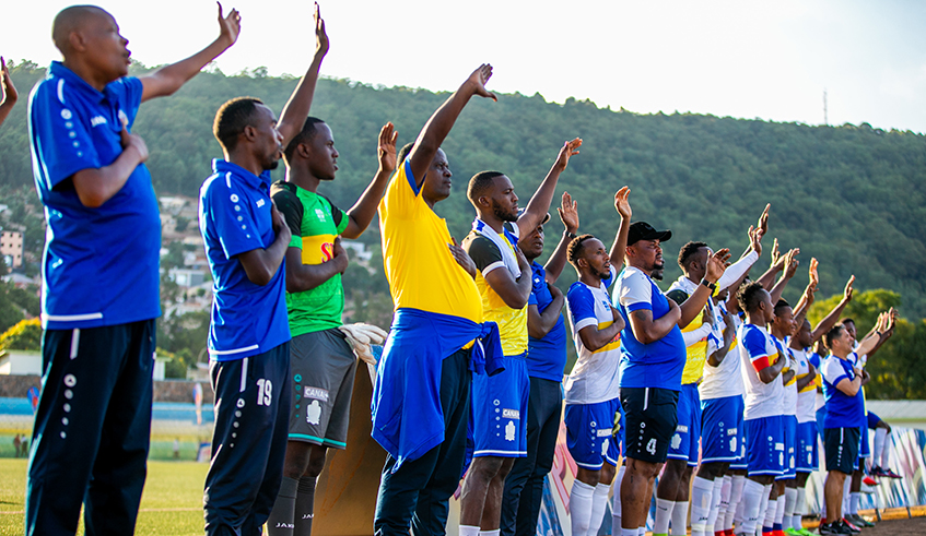 Rayon Sports players and staff sing the club's hymn after winning the game at Kigali Stadium. Olivier Mugwiza