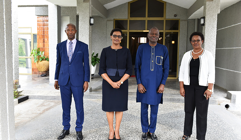 The outgoing Representative of FAO in Rwanda, Gualbert Gbehounou (2nd right) was received by Speaker of Parliament Donatille Mukabalisa, together with two Deputy Speakers Edda Mukabagwiza and Sheikh Musa Fazil Harerimana, for a farewell visit, April 28, 2022. / Courtesy photo