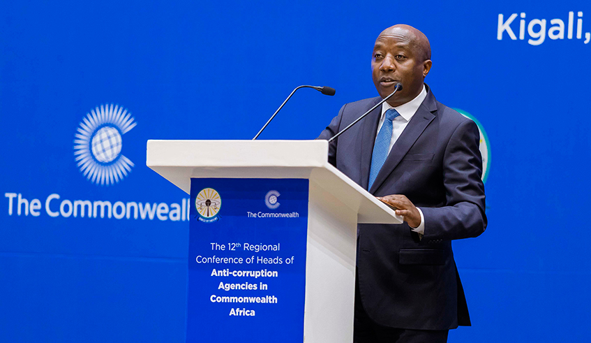 Prime Minister, Dr. Edouard Ngirente delivers remarks during the 12th Regional Conference of Heads of Anti-corruption agencies in Commonwealth Africa in Kigali on May 3. / Courtesy