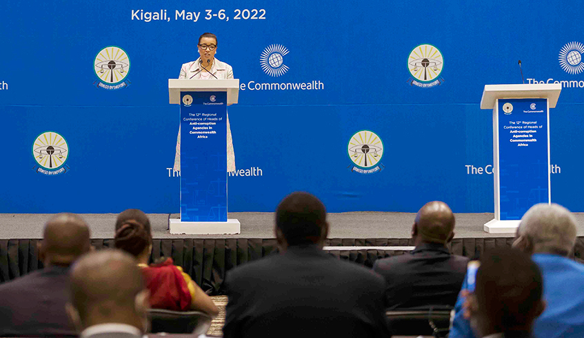 The Commonwealth Secretary-General, Patricia Scotland QC, delivers remarks at the 12th Regional Conference of Heads of Anti-corruption agencies in Commonwealth Africa in Kigali on Tuesday, May 3. Scotland indicated that corruption has destructive economic social and political impact, and fighting it takes courage. / Photo: Courtesy.