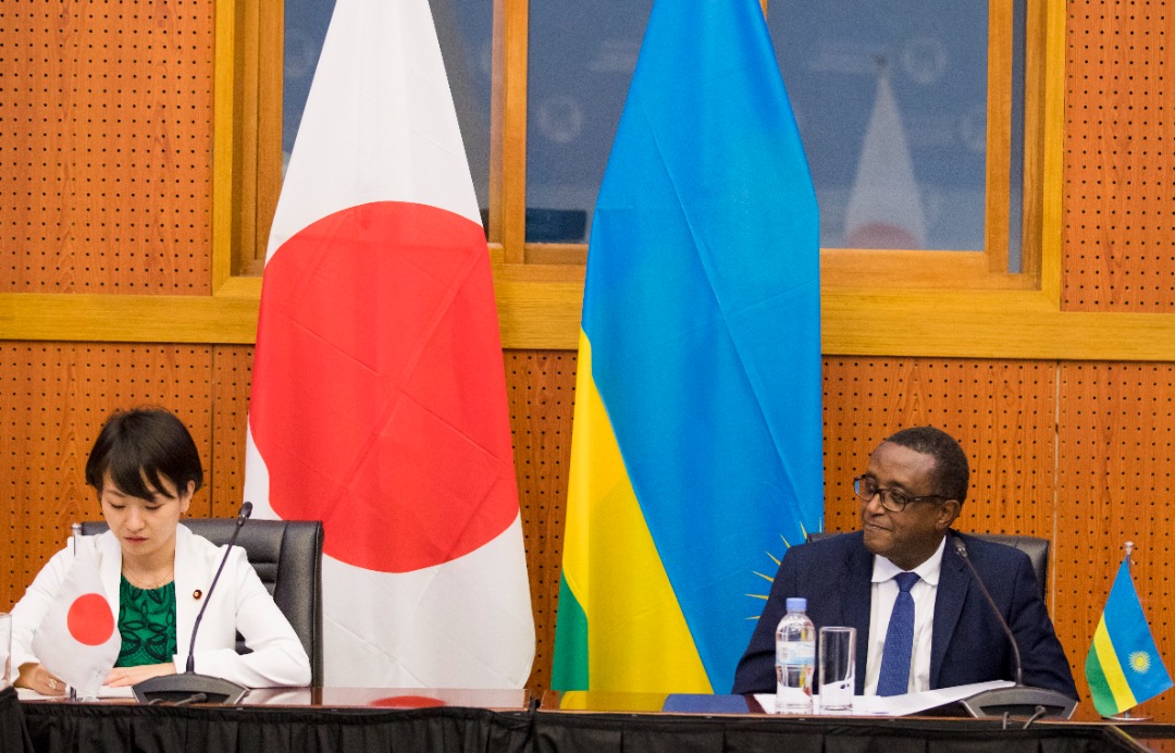 Takako Suzuki, State Minister for Foreign Affairs of Japan who is in Rwanda for a three-day visit during the meeting with Minister for Foreign Affairs and International cooperation Vincent Biruta in Kigali on May 4.Courtesy